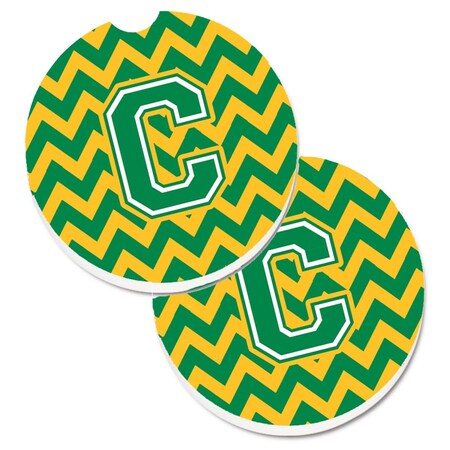 Carolines Treasures Letter C Chevron Green and Gold Set of 2 Cup Holder Car Coaster CJ1059-CCARC